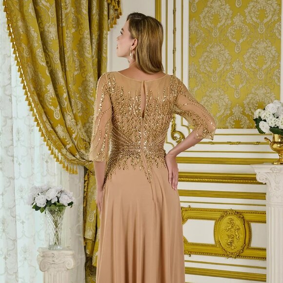 New Gold A-Line Mother Of Bride Chiffon Dress w/ Sheer 3/4 Sleeves GL3796 - Picture 11 of 15